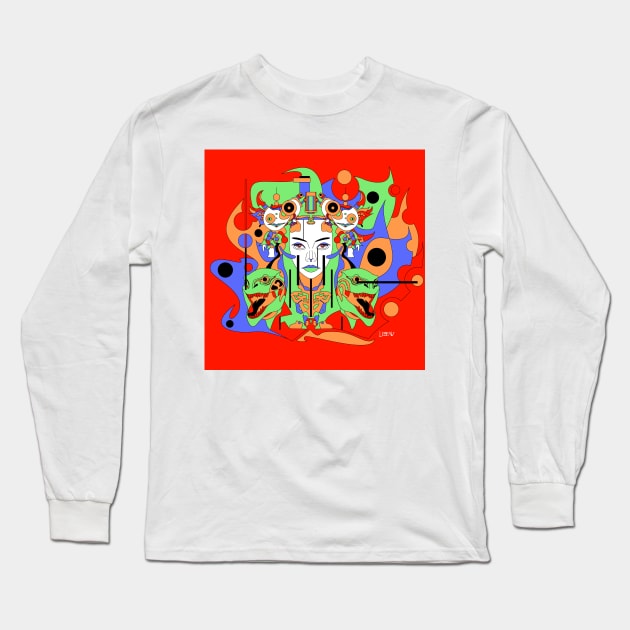 techno monster in woman mask in the robot warfare ecopop art Long Sleeve T-Shirt by jorge_lebeau